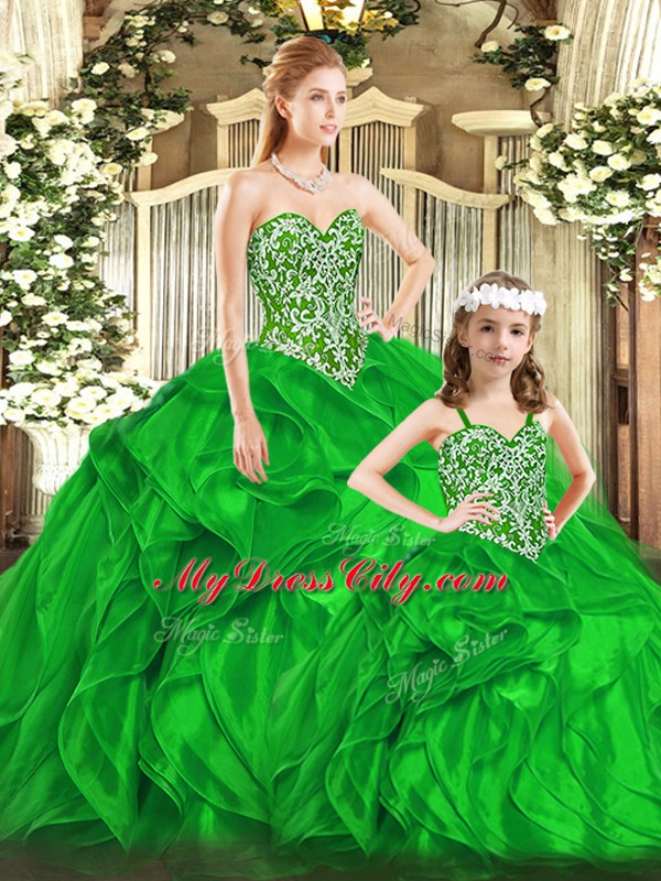 Smart Green Sleeveless Organza Lace Up Quince Ball Gowns for Military Ball and Sweet 16 and Quinceanera