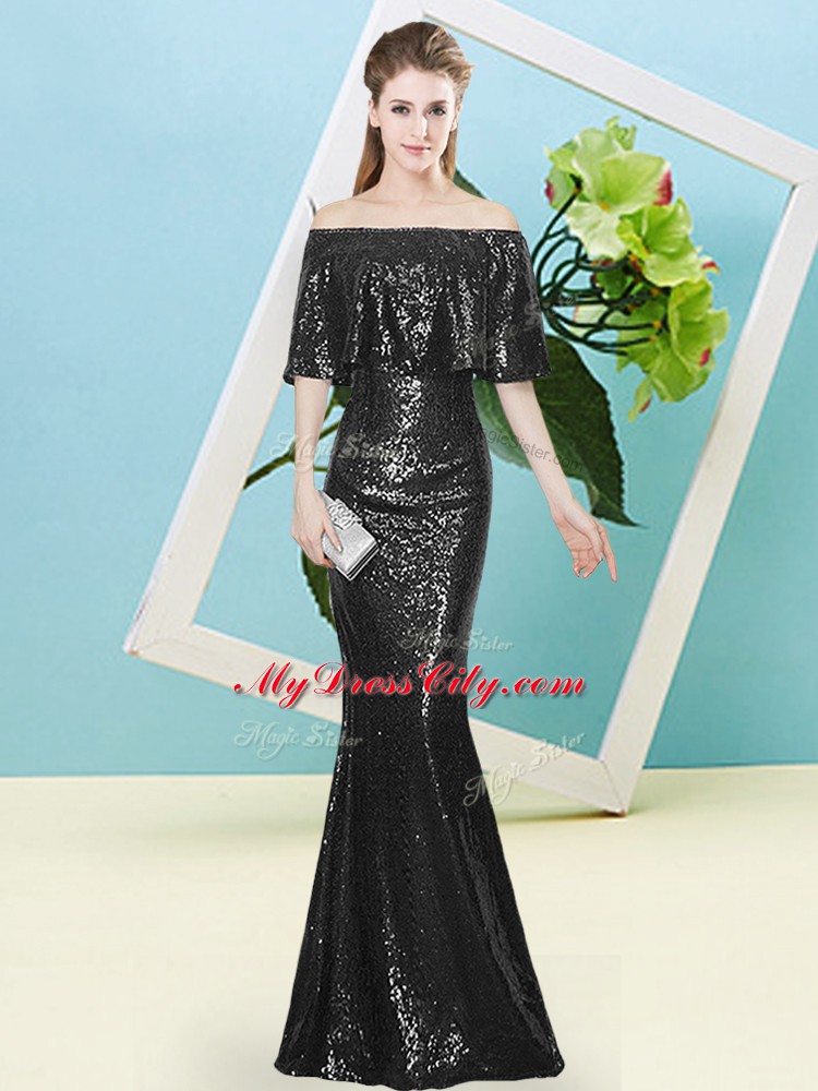 Floor Length Mermaid Half Sleeves Black Homecoming Dress Zipper