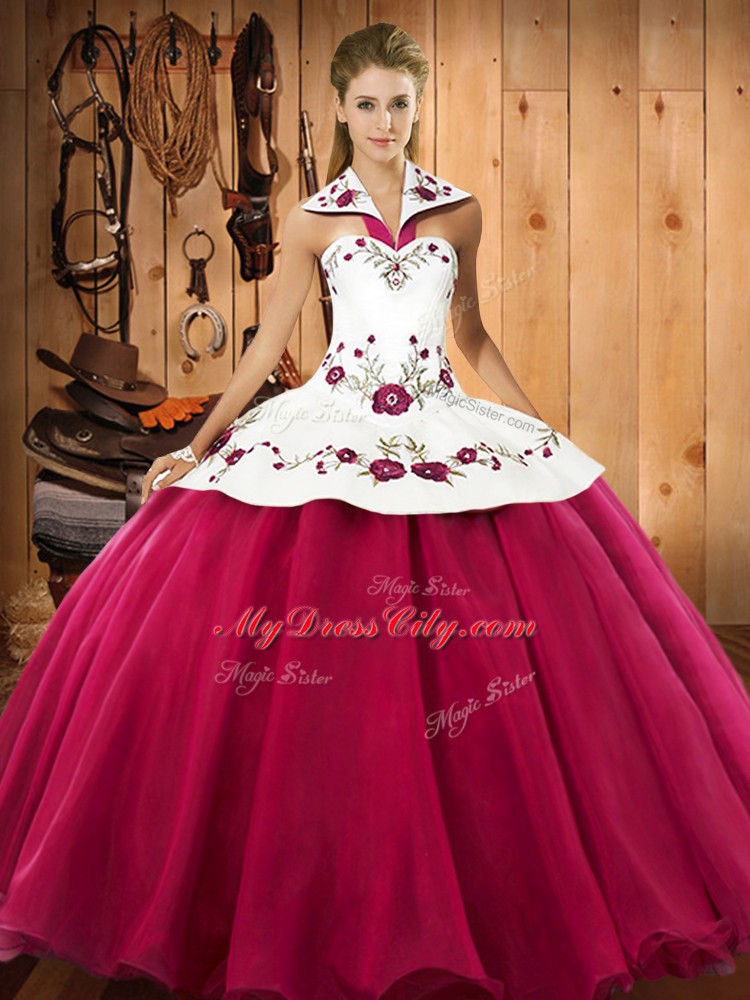 Hot Pink Sleeveless Satin and Tulle Lace Up Quinceanera Dress for Military Ball and Sweet 16 and Quinceanera