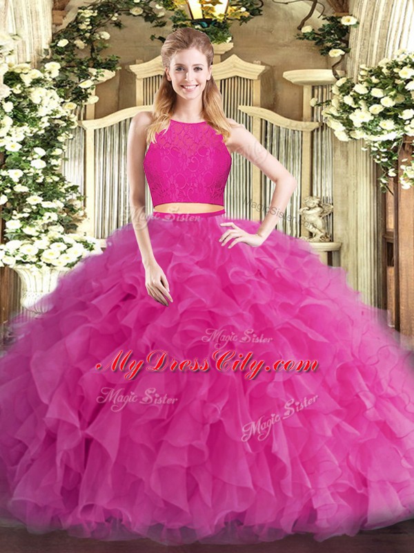 Custom Made Tulle Scoop Sleeveless Zipper Ruffles Vestidos de Quinceanera in Hot Pink