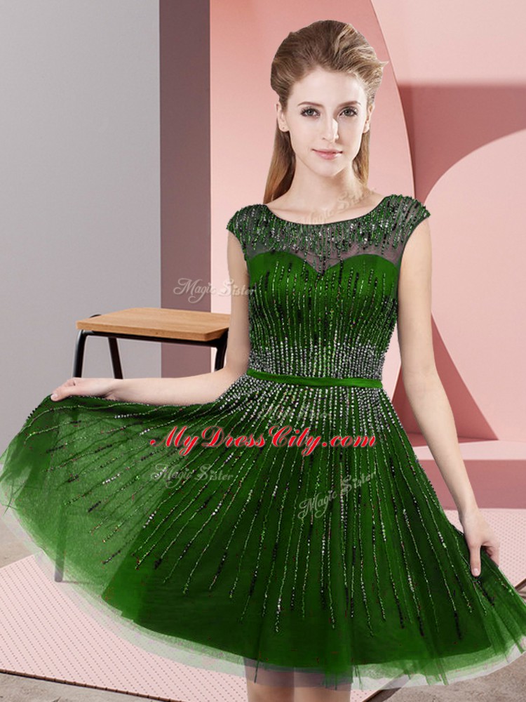 Knee Length Backless Prom Evening Gown Green for Prom and Party with Beading