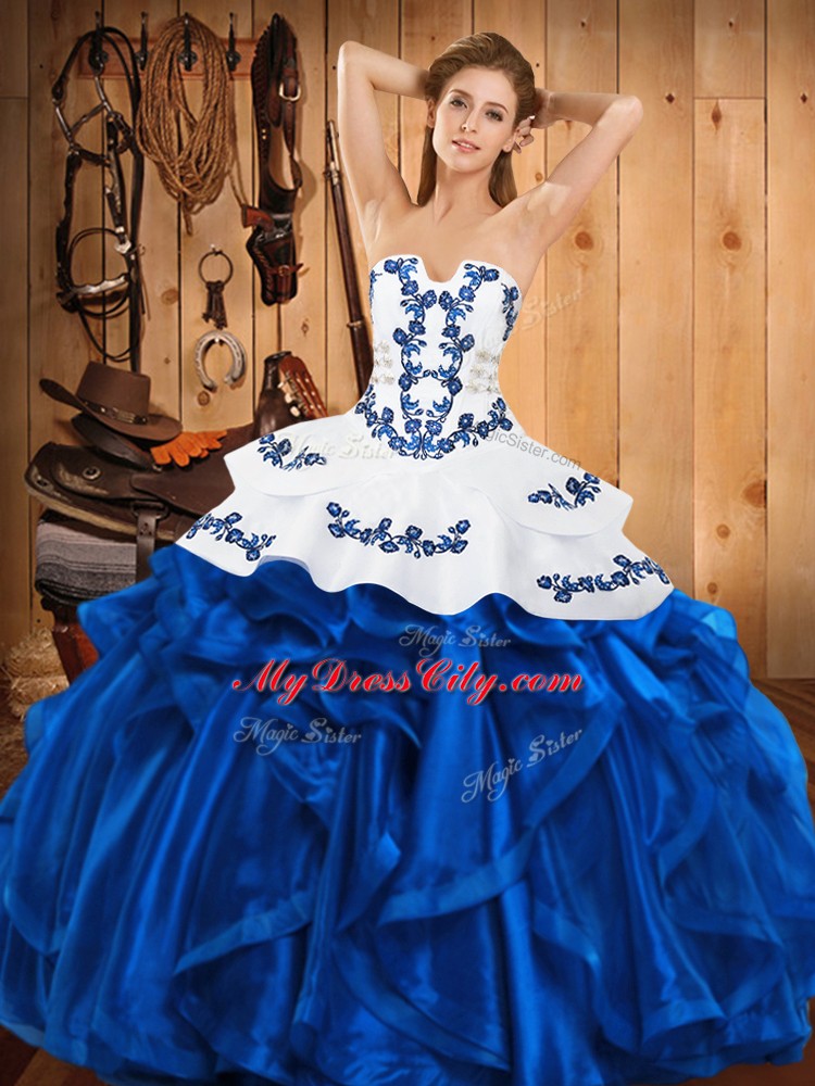 Blue Satin and Organza Lace Up 15th Birthday Dress Sleeveless Floor Length Embroidery and Ruffles