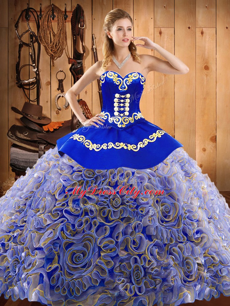 Cheap Sweetheart Sleeveless Sweep Train Lace Up Vestidos de Quinceanera Multi-color Satin and Fabric With Rolling Flowers