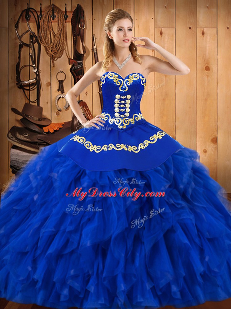 Sleeveless Satin and Organza Floor Length Lace Up Ball Gown Prom Dress in Blue with Embroidery and Ruffles