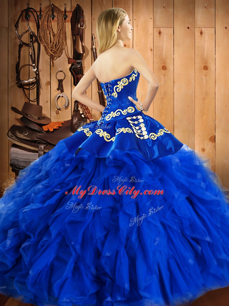 Sleeveless Satin and Organza Floor Length Lace Up Ball Gown Prom Dress in Blue with Embroidery and Ruffles