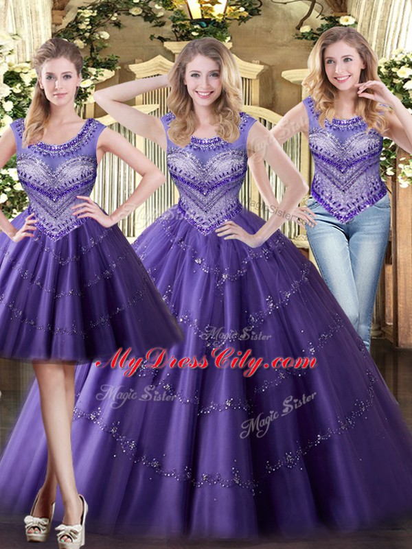 Purple Scoop Lace Up Beading Sweet 16 Dress Sleeveless