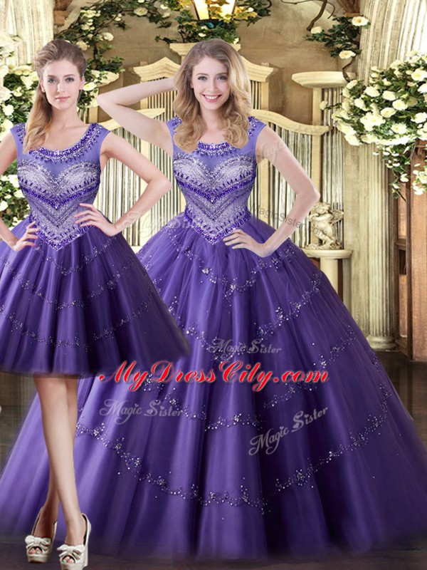 Purple Scoop Lace Up Beading Sweet 16 Dress Sleeveless