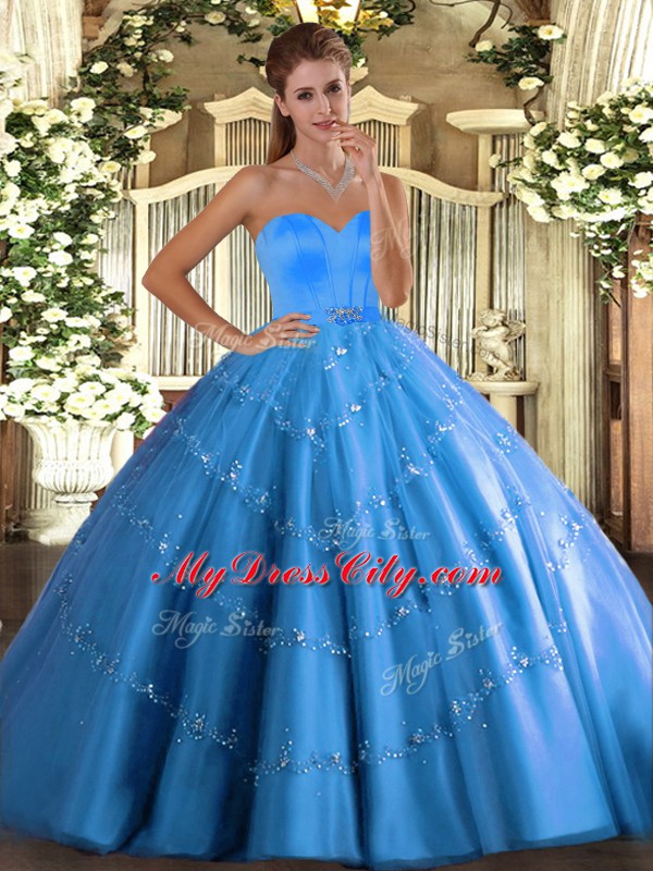 Tulle Sweetheart Sleeveless Lace Up Beading and Appliques 15th Birthday Dress in Baby Blue