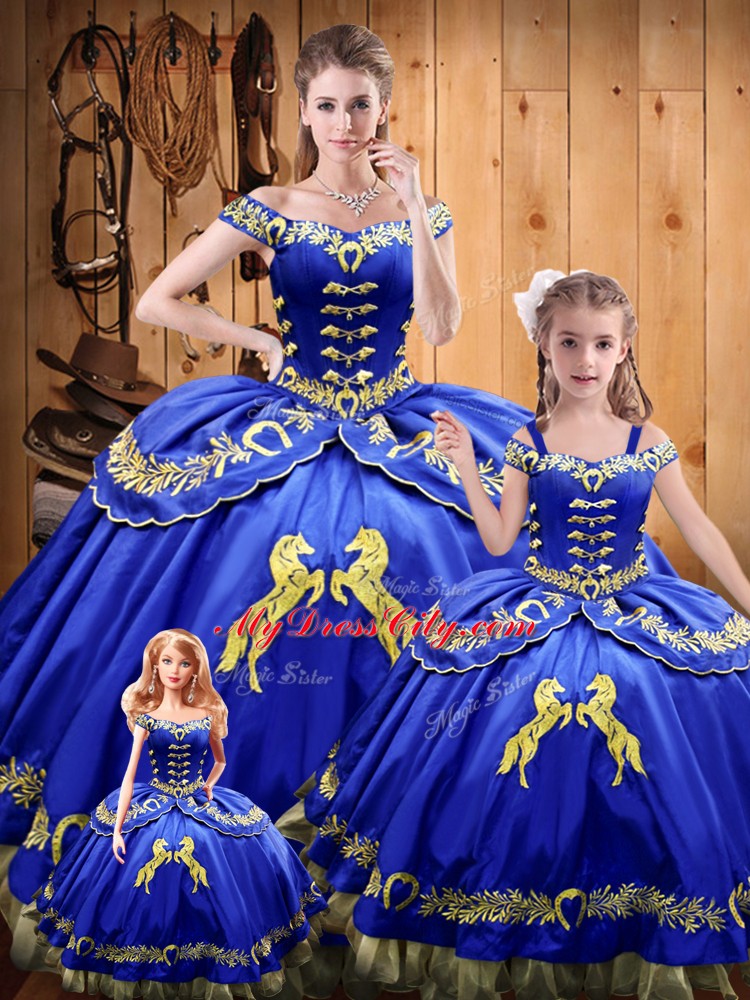 Royal Blue Sleeveless Floor Length Beading and Embroidery Lace Up Quinceanera Gowns