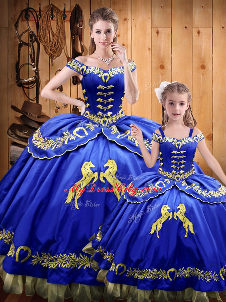 Royal Blue Sleeveless Floor Length Beading and Embroidery Lace Up Quinceanera Gowns