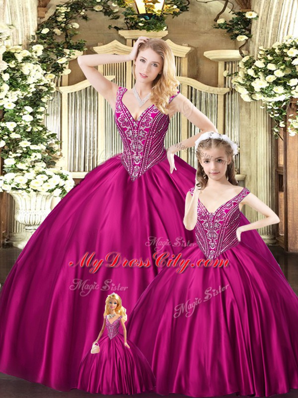 Luxurious Fuchsia Lace Up Straps Beading Quinceanera Gowns Organza Sleeveless