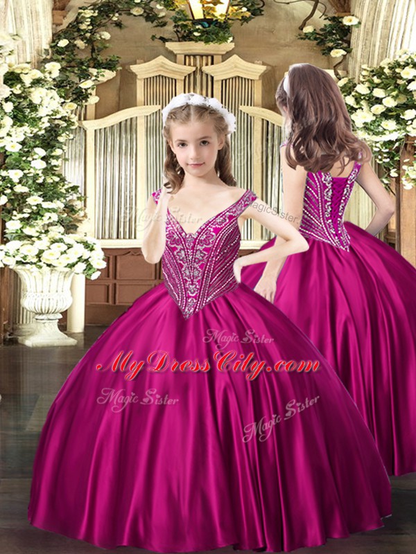 Luxurious Fuchsia Lace Up Straps Beading Quinceanera Gowns Organza Sleeveless