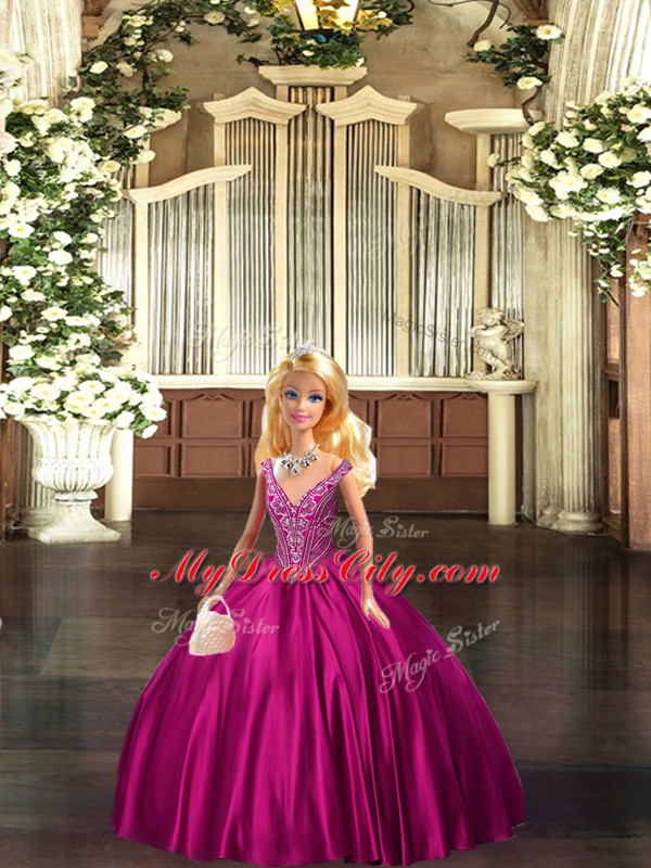 Luxurious Fuchsia Lace Up Straps Beading Quinceanera Gowns Organza Sleeveless