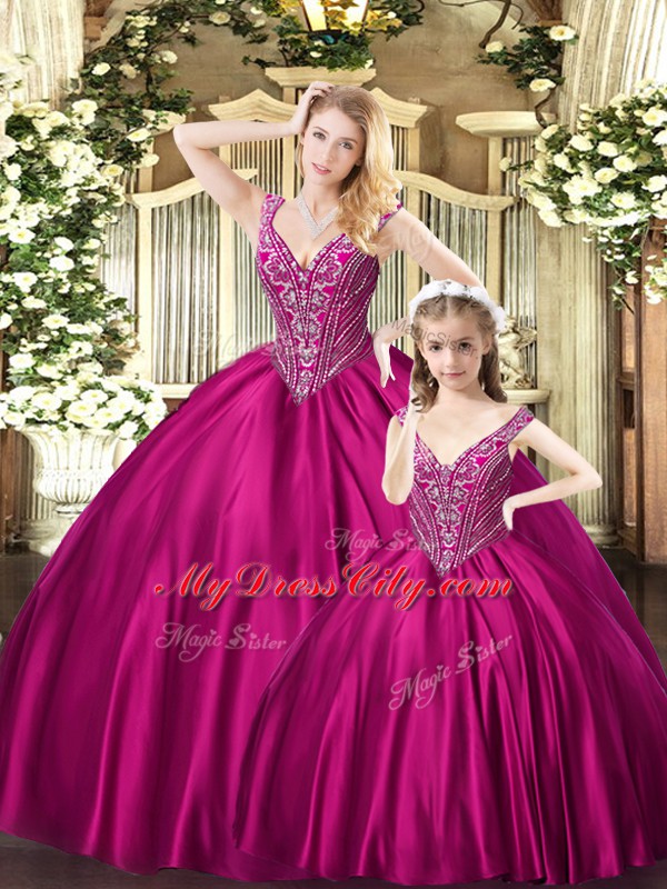 Luxurious Fuchsia Lace Up Straps Beading Quinceanera Gowns Organza Sleeveless