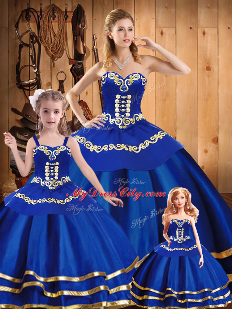 Inexpensive Embroidery Sweet 16 Dress Royal Blue Lace Up Sleeveless Floor Length