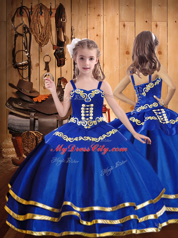 Inexpensive Embroidery Sweet 16 Dress Royal Blue Lace Up Sleeveless Floor Length