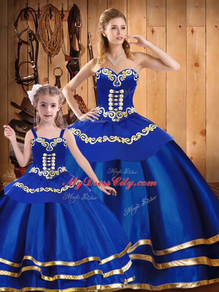 Inexpensive Embroidery Sweet 16 Dress Royal Blue Lace Up Sleeveless Floor Length