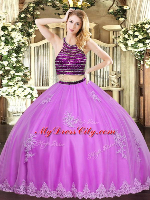 Floor Length Lilac Ball Gown Prom Dress Halter Top Sleeveless Zipper