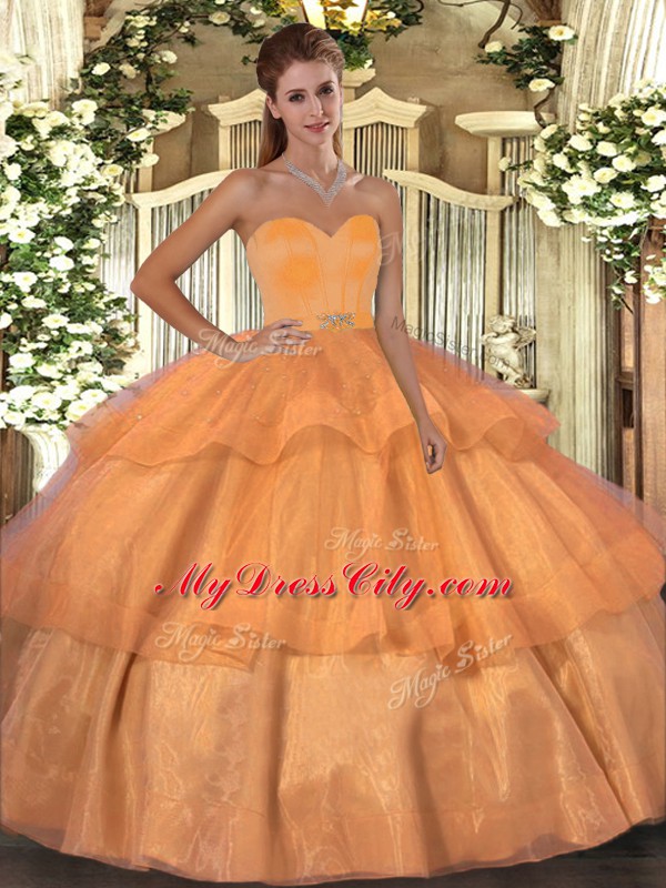 Ball Gowns Quinceanera Gowns Orange Sweetheart Organza Sleeveless Floor Length Lace Up