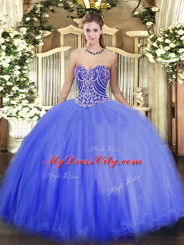 Ideal Blue Sweetheart Neckline Beading 15 Quinceanera Dress Sleeveless Lace Up