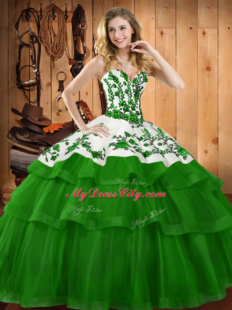 Popular Dark Green Organza Lace Up Sweetheart Sleeveless Quince Ball Gowns Sweep Train Embroidery