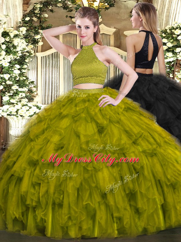 Olive Green Organza Backless Halter Top Sleeveless Floor Length Quinceanera Gowns Beading and Ruffles