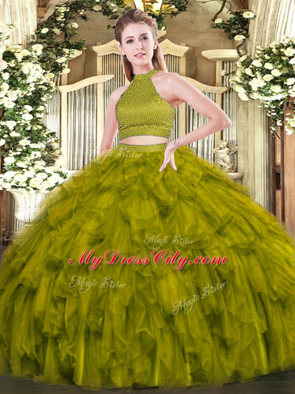 Olive Green Organza Backless Halter Top Sleeveless Floor Length Quinceanera Gowns Beading and Ruffles