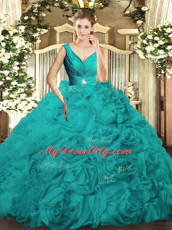 Turquoise Ball Gowns Fabric With Rolling Flowers V-neck Sleeveless Beading and Ruching Floor Length Backless Quinceanera Gown