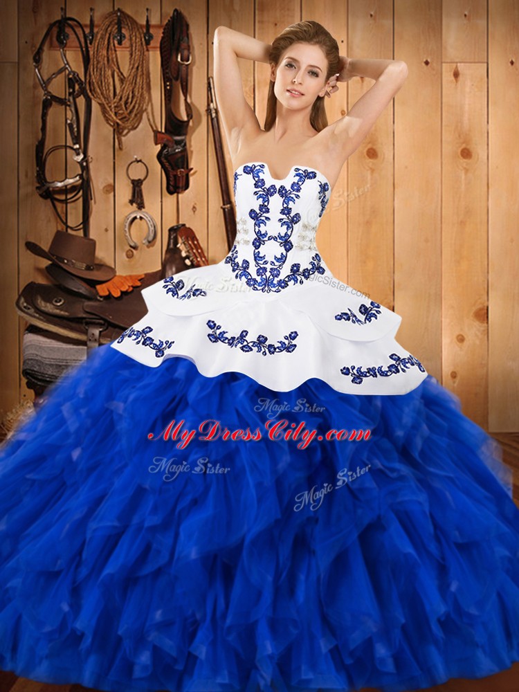 Royal Blue Satin and Organza Lace Up Strapless Sleeveless Floor Length Sweet 16 Dresses Embroidery and Ruffles