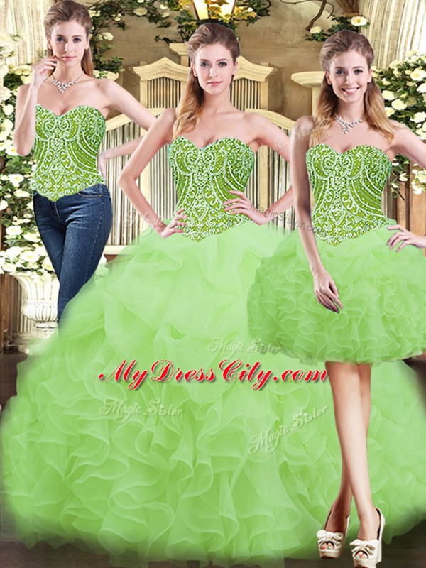 Exceptional Sleeveless Floor Length Beading and Ruffles Lace Up Quinceanera Dresses with Yellow Green