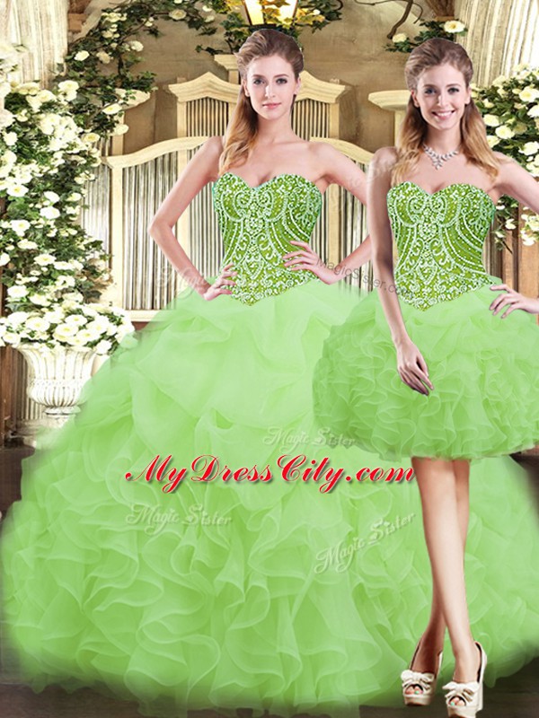 Exceptional Sleeveless Floor Length Beading and Ruffles Lace Up Quinceanera Dresses with Yellow Green