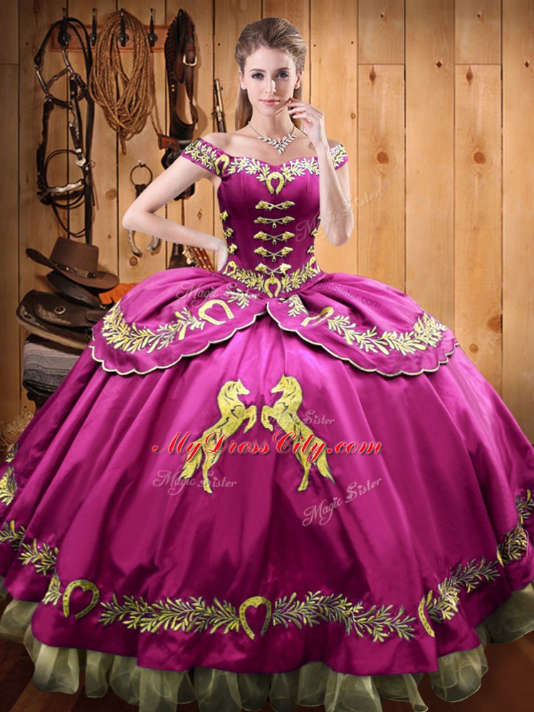 Floor Length Lace Up Ball Gown Prom Dress Fuchsia for Sweet 16 and Quinceanera with Beading and Embroidery