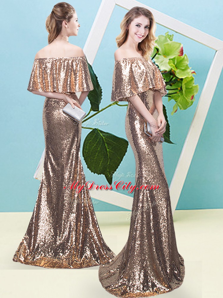 Floor Length Gold Prom Dresses Off The Shoulder Half Sleeves Zipper