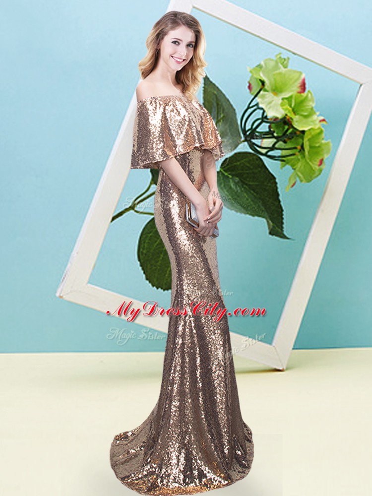 Floor Length Gold Prom Dresses Off The Shoulder Half Sleeves Zipper