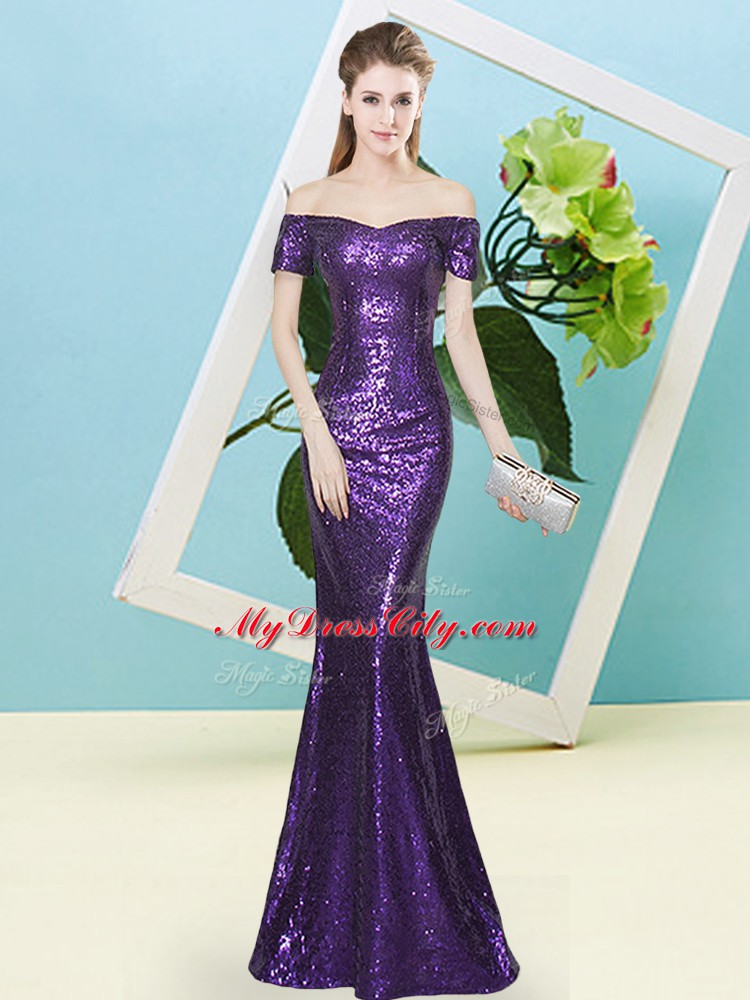 Edgy Off The Shoulder Short Sleeves Dress for Prom Floor Length Sequins Purple Sequined