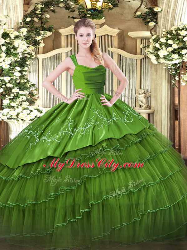 Captivating Olive Green Straps Zipper Embroidery and Ruffled Layers Quinceanera Gown Sleeveless