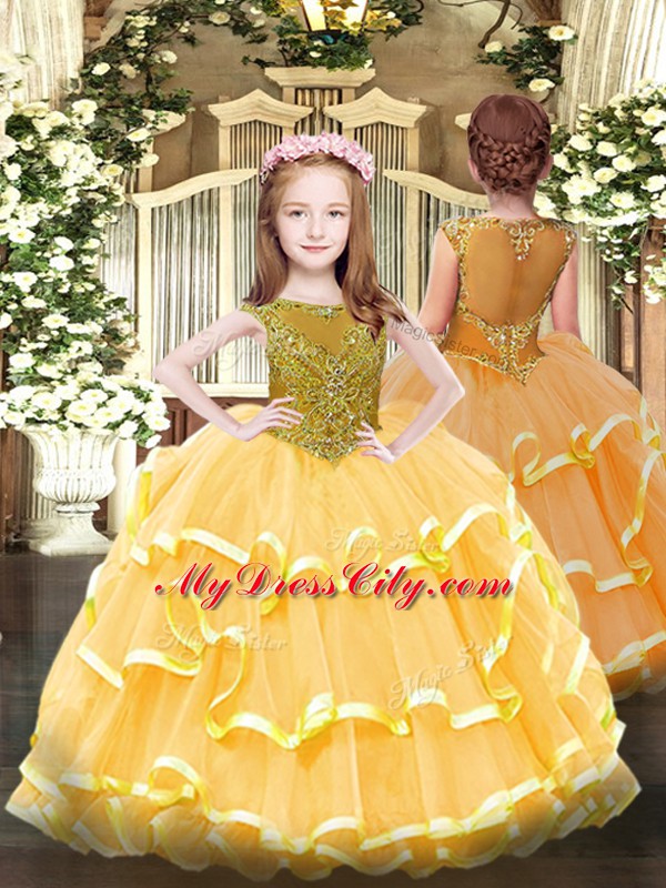 Exceptional Gold Scoop Lace Up Beading and Ruffled Layers 15 Quinceanera Dress Sleeveless