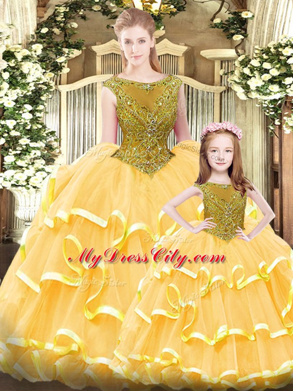 Exceptional Gold Scoop Lace Up Beading and Ruffled Layers 15 Quinceanera Dress Sleeveless