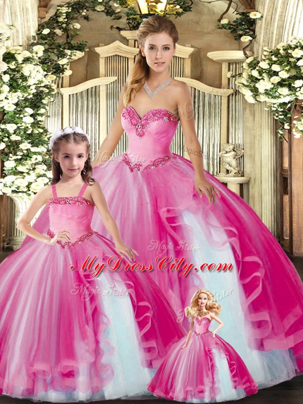 Fuchsia Lace Up Vestidos de Quinceanera Beading and Ruffles Sleeveless Floor Length