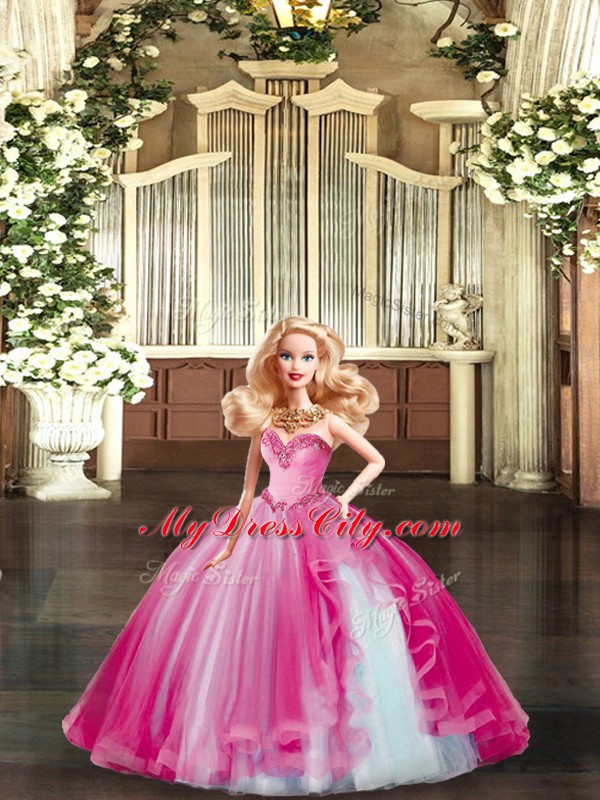 Fuchsia Lace Up Vestidos de Quinceanera Beading and Ruffles Sleeveless Floor Length