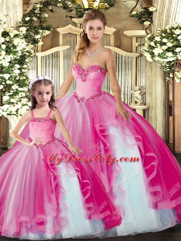 Fuchsia Lace Up Vestidos de Quinceanera Beading and Ruffles Sleeveless Floor Length