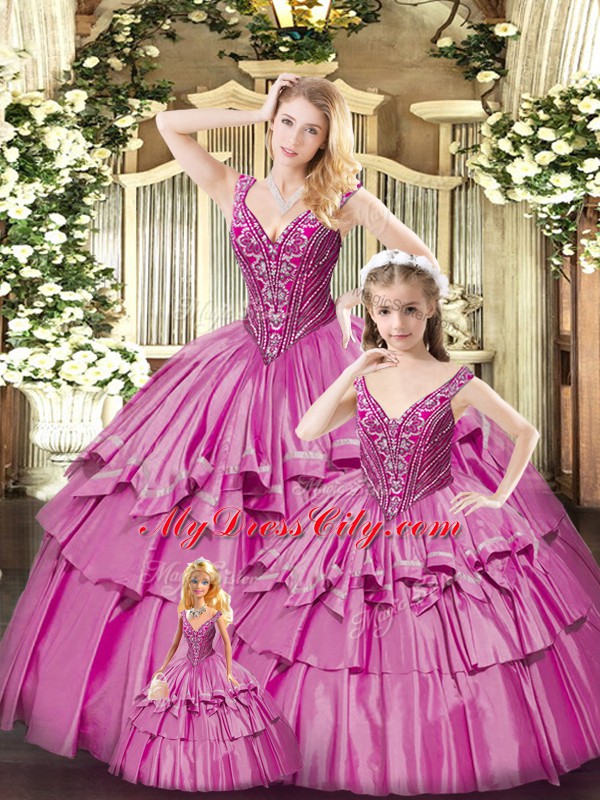 Vintage Fuchsia Sleeveless Beading and Ruffled Layers Floor Length Ball Gown Prom Dress