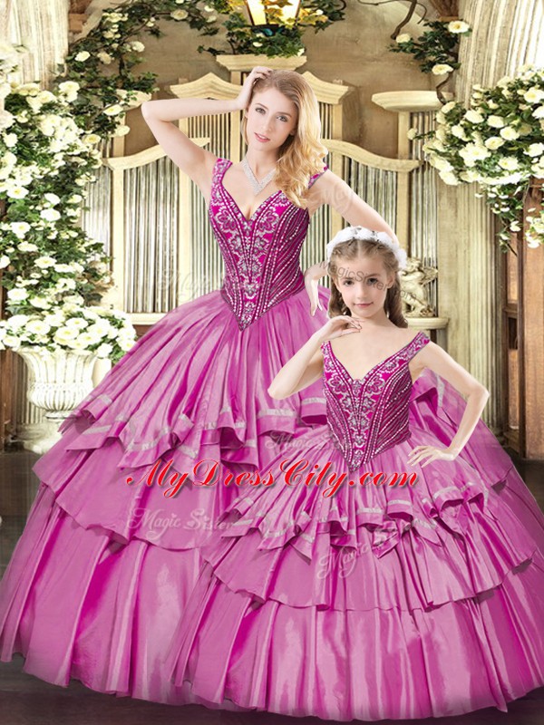 Vintage Fuchsia Sleeveless Beading and Ruffled Layers Floor Length Ball Gown Prom Dress