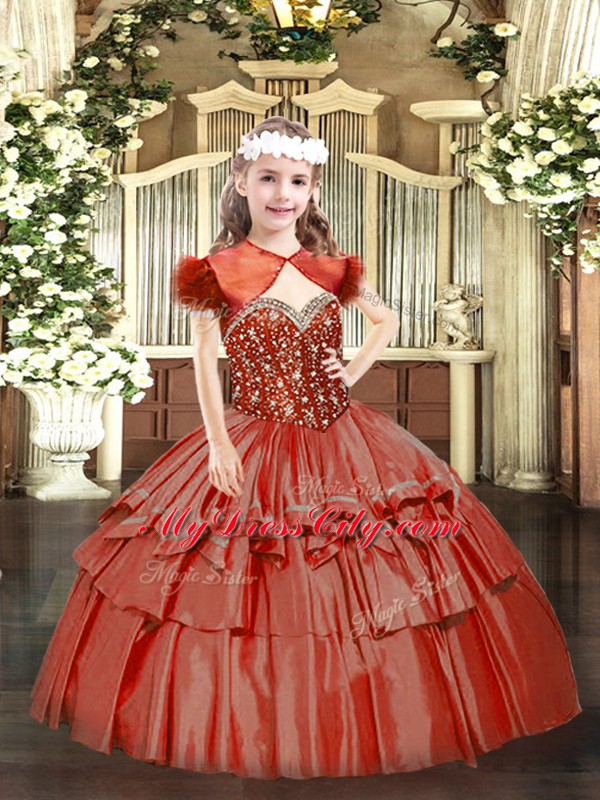 Coral Red Pageant Dress Toddler Party and Quinceanera with Beading and Ruffled Layers Straps Sleeveless Lace Up