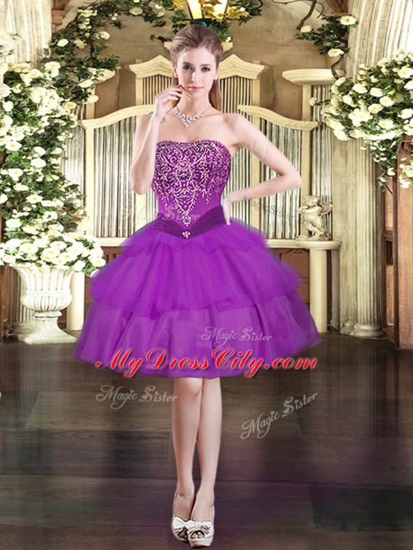 Purple Organza Lace Up Strapless Sleeveless Mini Length Prom Dresses Beading and Ruffled Layers