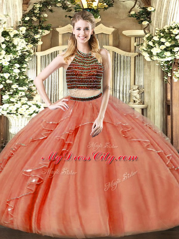 Classical Floor Length Zipper 15th Birthday Dress Rust Red for Military Ball and Sweet 16 and Quinceanera with Beading and Ruffles