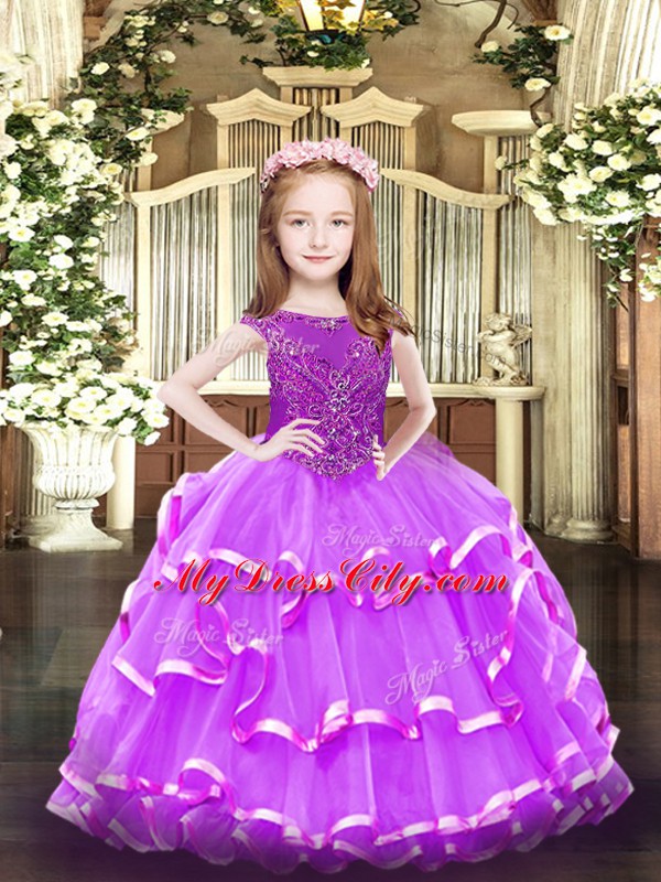 Lavender Zipper Little Girls Pageant Gowns Beading and Ruffled Layers Sleeveless Floor Length