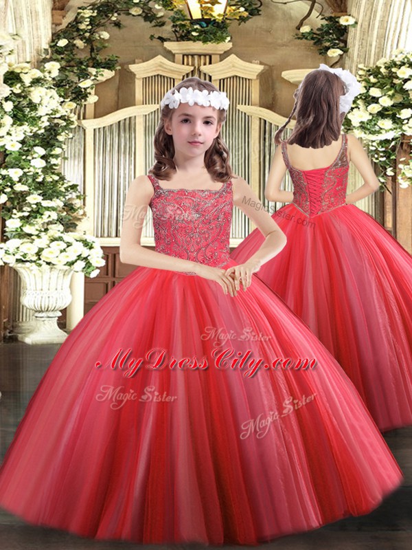 Coral Red Sleeveless Tulle Lace Up Little Girls Pageant Gowns for Party and Sweet 16 and Quinceanera and Wedding Party