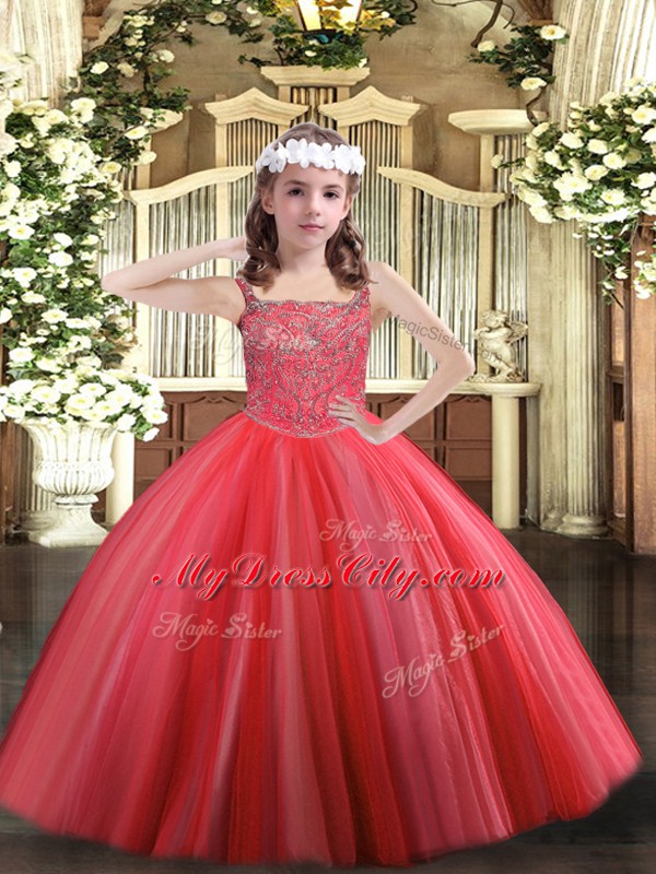 Coral Red Sleeveless Tulle Lace Up Little Girls Pageant Gowns for Party and Sweet 16 and Quinceanera and Wedding Party