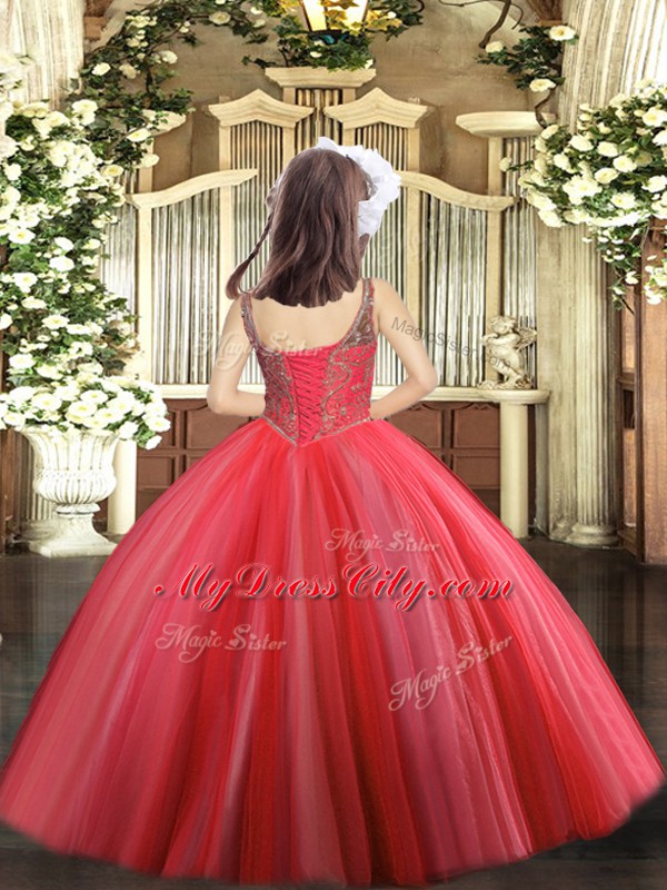 Coral Red Sleeveless Tulle Lace Up Little Girls Pageant Gowns for Party and Sweet 16 and Quinceanera and Wedding Party